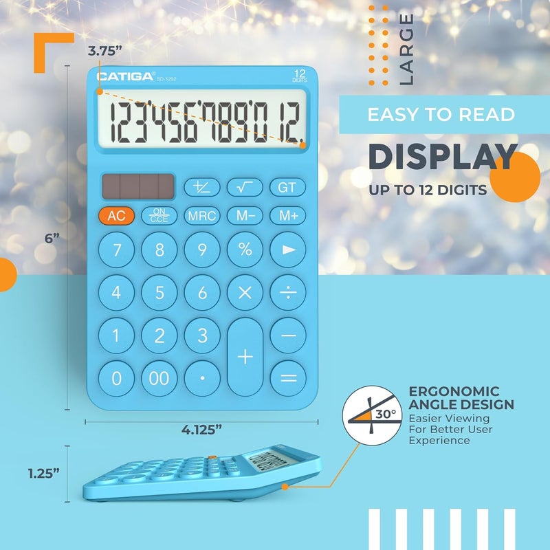 CATIGA 12 Digit Desktop Calculator Basic Desk Calculator with Large LCD Display, Big Buttons, 4 Function, Solar and Battery Dual Power, for Office, School, Home, SD-1292 Blue - Image 4